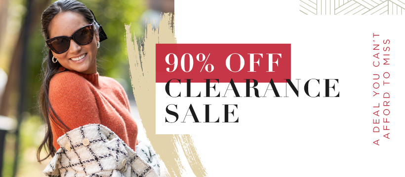 an image of a woman in sunglasses and text about our 90% off sale